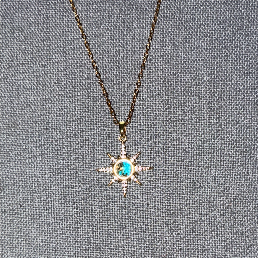 Radiant Gold Starburst Necklace with Blue Center